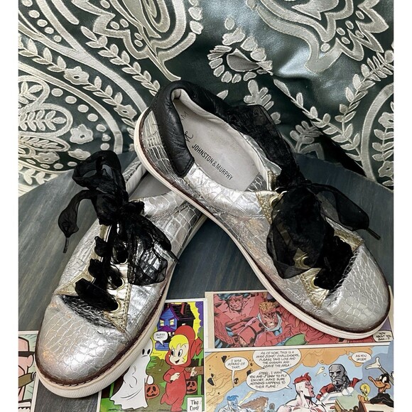 Johnston & Murphy Silver Sz7 Leather Snakeskin Sneakers Callie Lace Up True foam - Picture 2 of 9